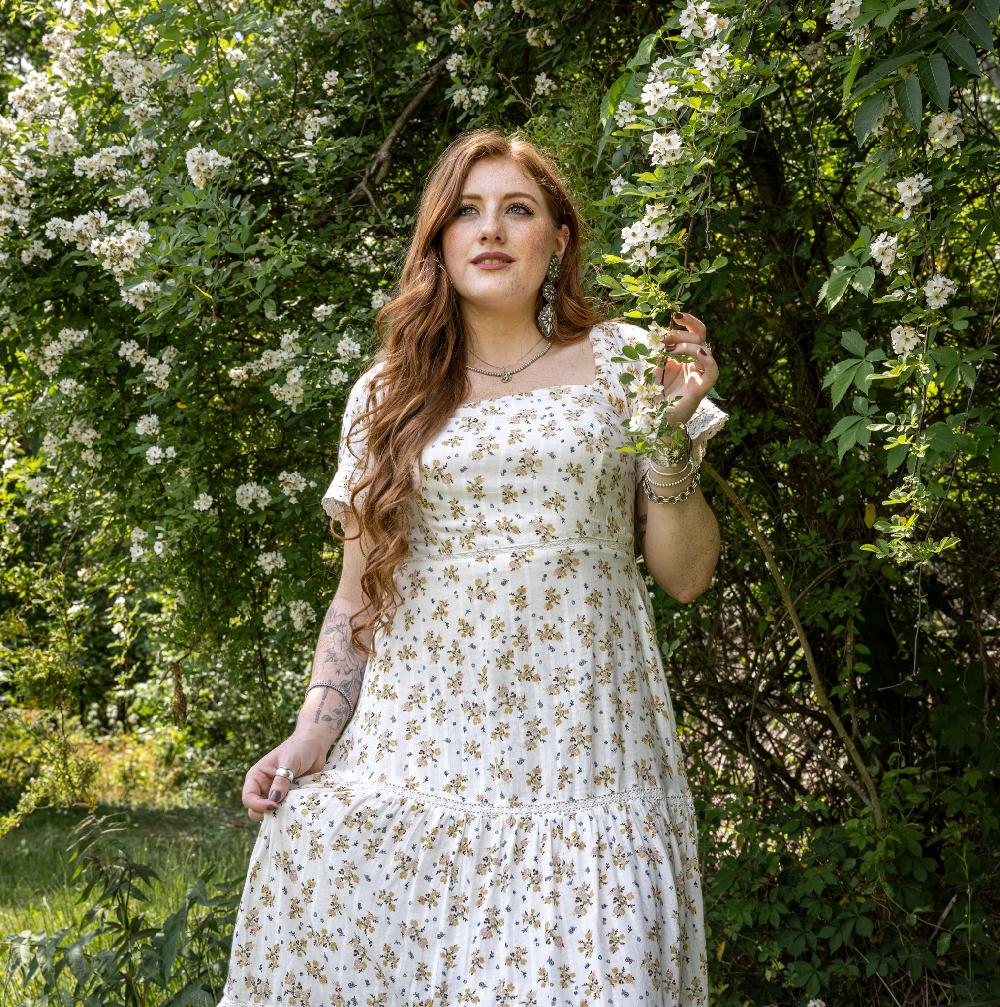 Cotton And Rye Floral Women's Square Neck Tiered Short Sleeve Dress CRWD070M