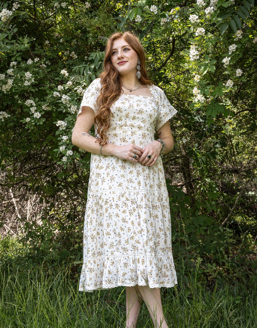 Cotton And Rye Floral Women's Square Neck Tiered Short Sleeve Dress CRWD070M