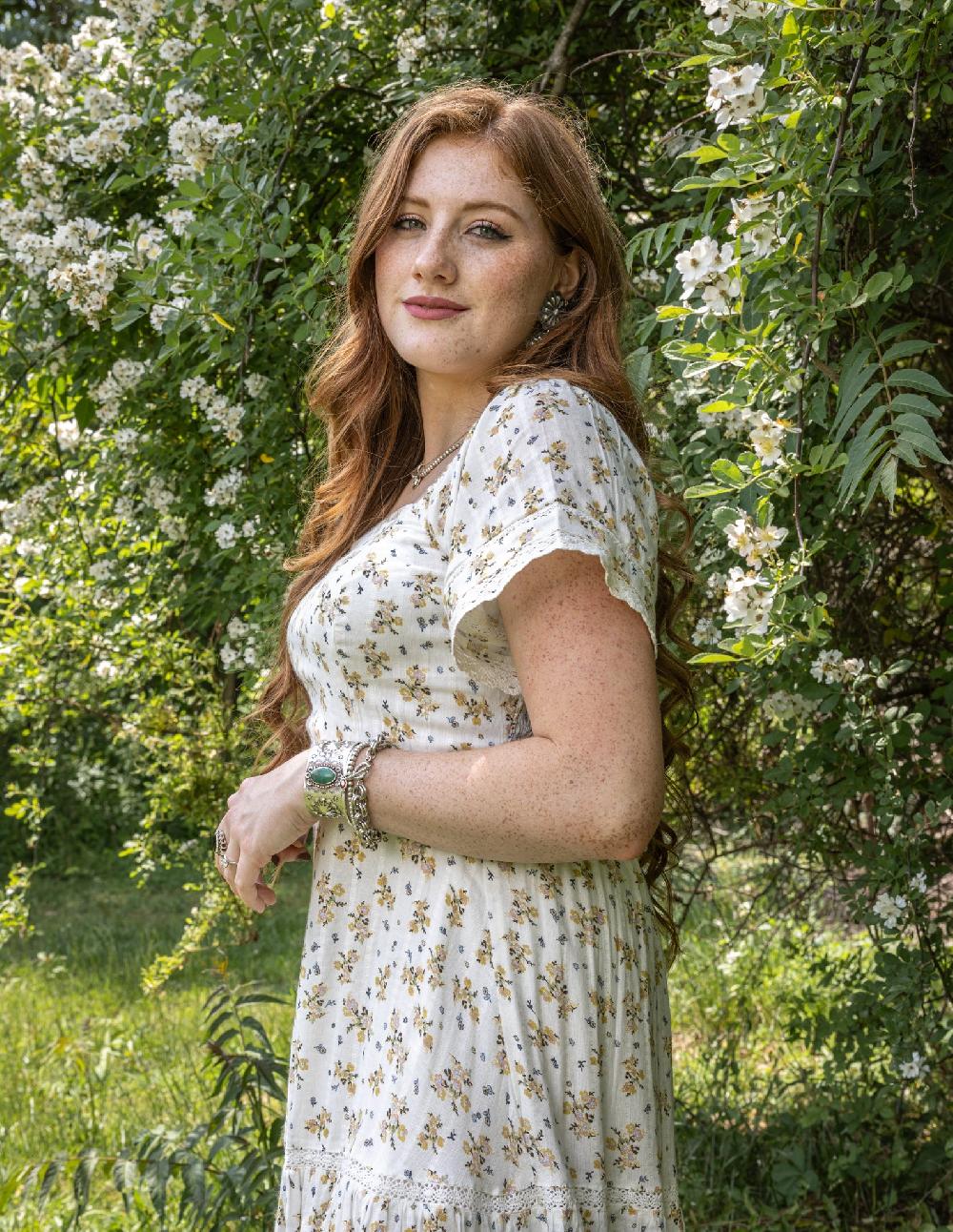 Cotton And Rye Floral Women's Square Neck Tiered Short Sleeve Dress CRWD070M