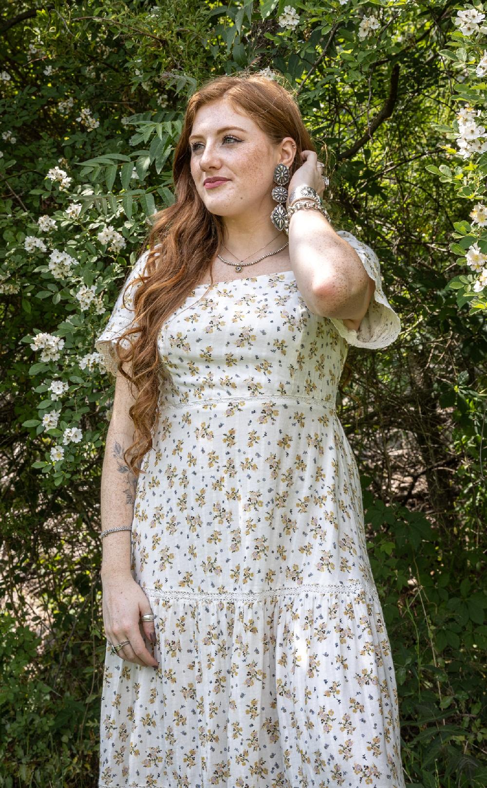 Cotton and Rye Floral Women's Square Neck Tiered Short Sleeve Dress CRWD070M