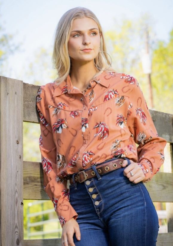 Cotton And Rye Orange Base Shenandoah Women's Collared Pearl Snap Top CRW909O