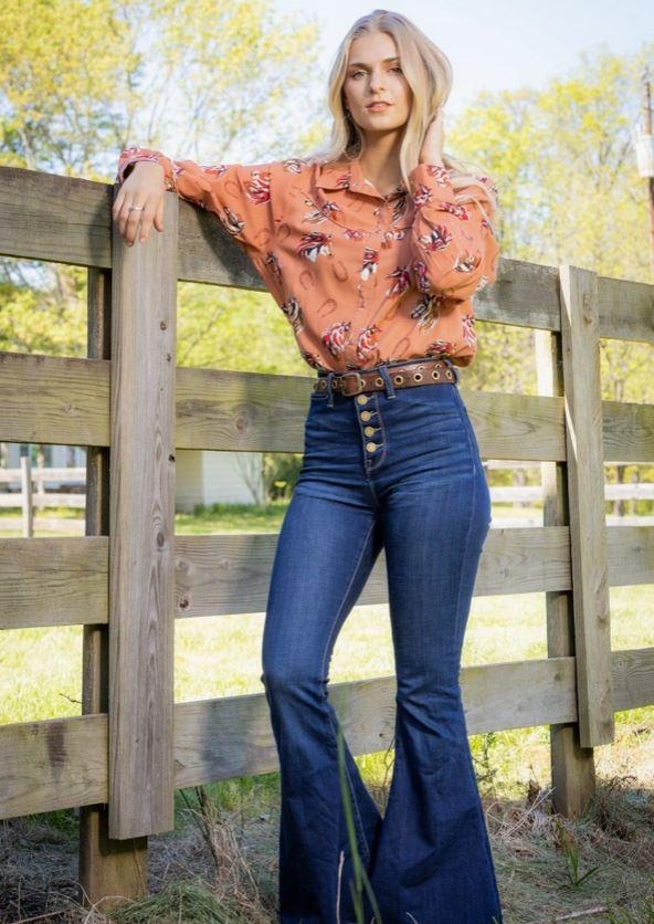 Cotton And Rye Orange Base Shenandoah Women's Collared Pearl Snap Top CRW909O