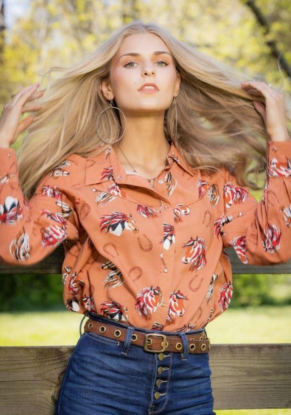 Cotton And Rye Orange Base Shenandoah Women's Collared Pearl Snap Top CRW909O