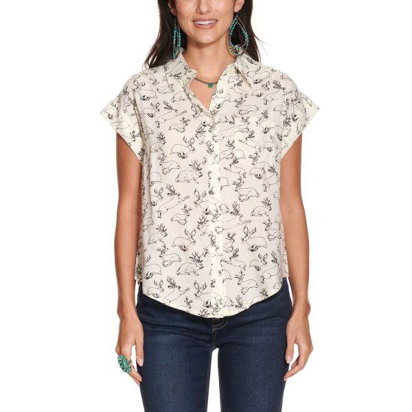 Cotton and Rye Outfitters White/Black Jackalope Print Women's Short Sleeve Top CRW104W