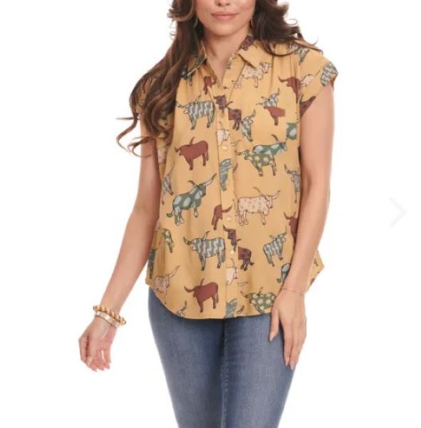 Cotton and Rye Outfitters Yellow with Longhorn Print Women's Short Sleeve Top CRW7134M
