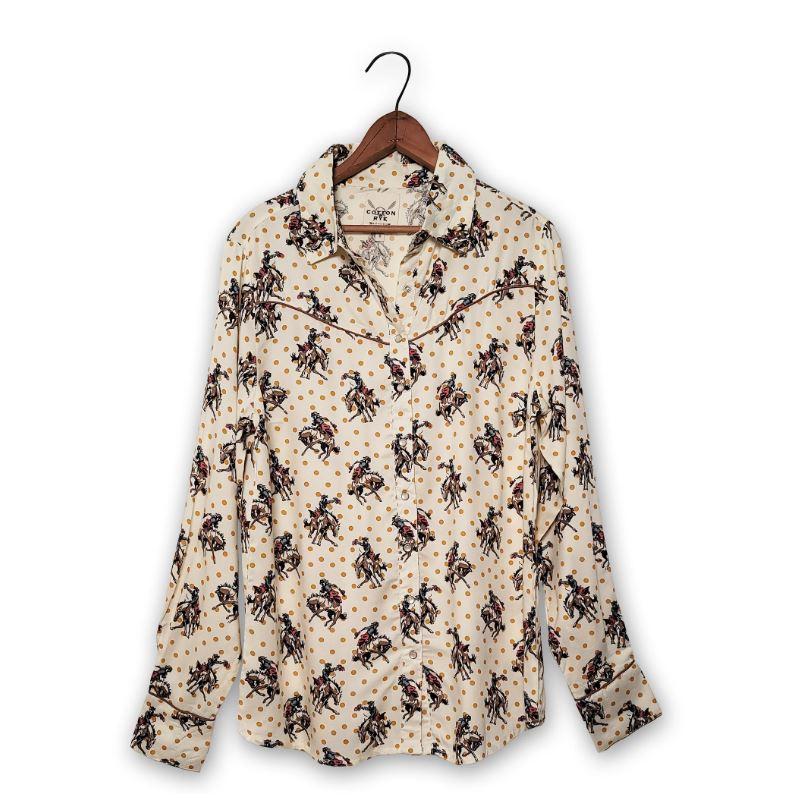 Cotton and Rye Polka Dot (Yellow) with Bronco Rider Print Buckaroo Betty Women's Longsleeve Collared Snap Shirt CRW111M