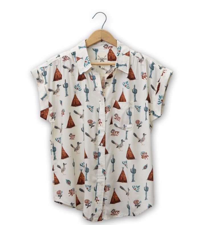 Cotton and Rye Roadrunner Print Collared Women's Short Sleeve Button Front Shirt CRW9503N