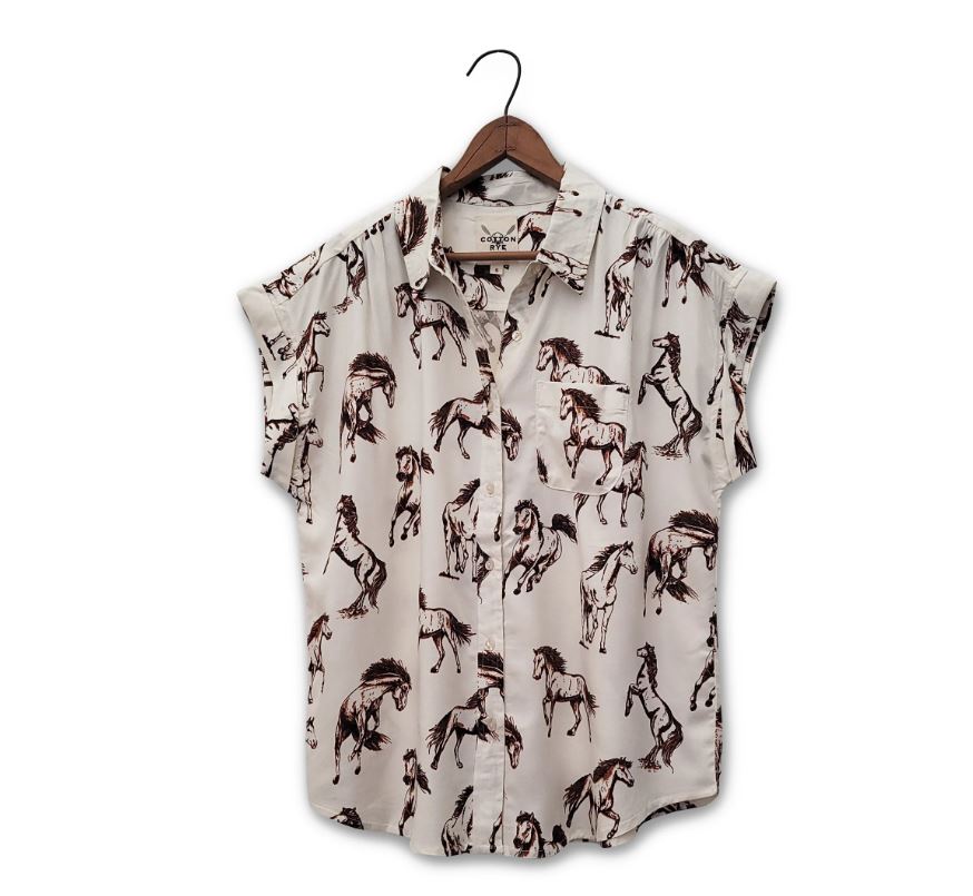 Cotton and Rye Stunner Stallion Print Short Sleeve Button Front Collared Womens Shirt CRW918N