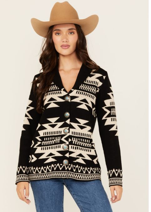 Cotton & Rye Black/White Women's Shawl Collar Aztec Print Cardigan CRK843M