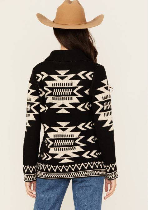 Cotton & Rye Black/White Women's Shawl Collar Aztec Print Cardigan CRK843M