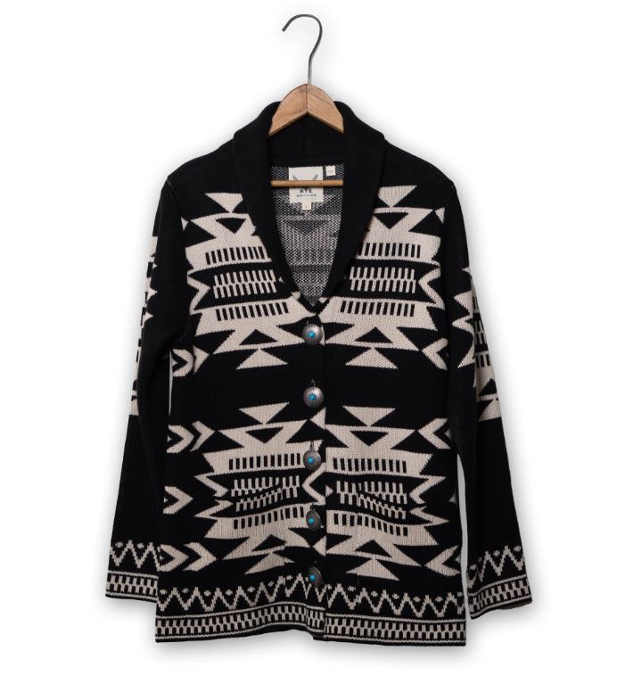 Cotton & Rye Black/White Women's Shawl Collar Aztec Print Cardigan CRK843M