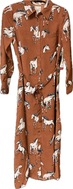 Cotton & Rye Brown Horse Print Women's Longsleeve Belt Tie Collared Dress CRWD9601