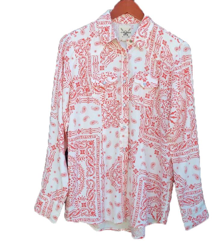 Cotton & Rye Denim Burgundy Bandana Print Womens Long Sleeve Western Shirt