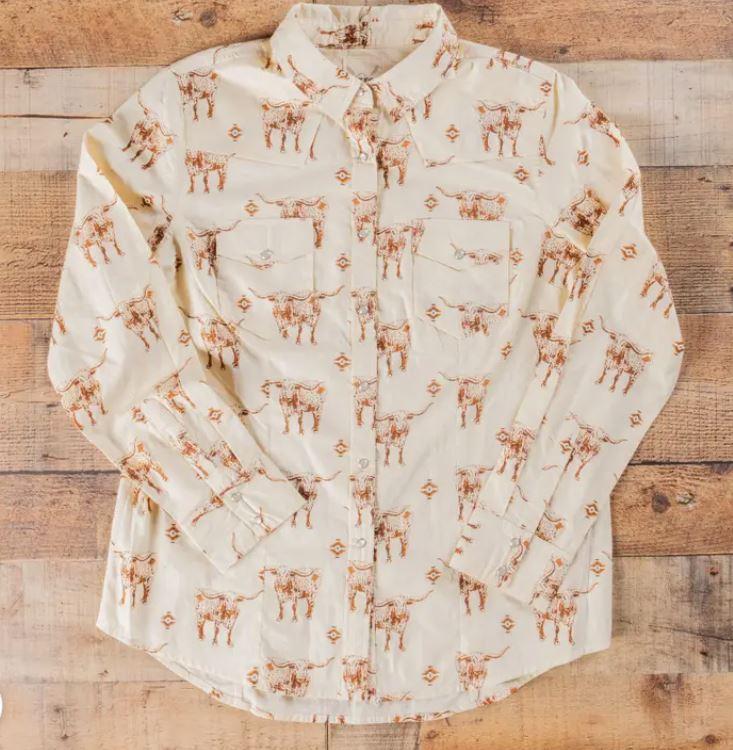 Cotton & Rye Ivory/Rust Longhorn Print 'The Stockyards' Women's Collared Longsleeve Snap Shirt CRW300T