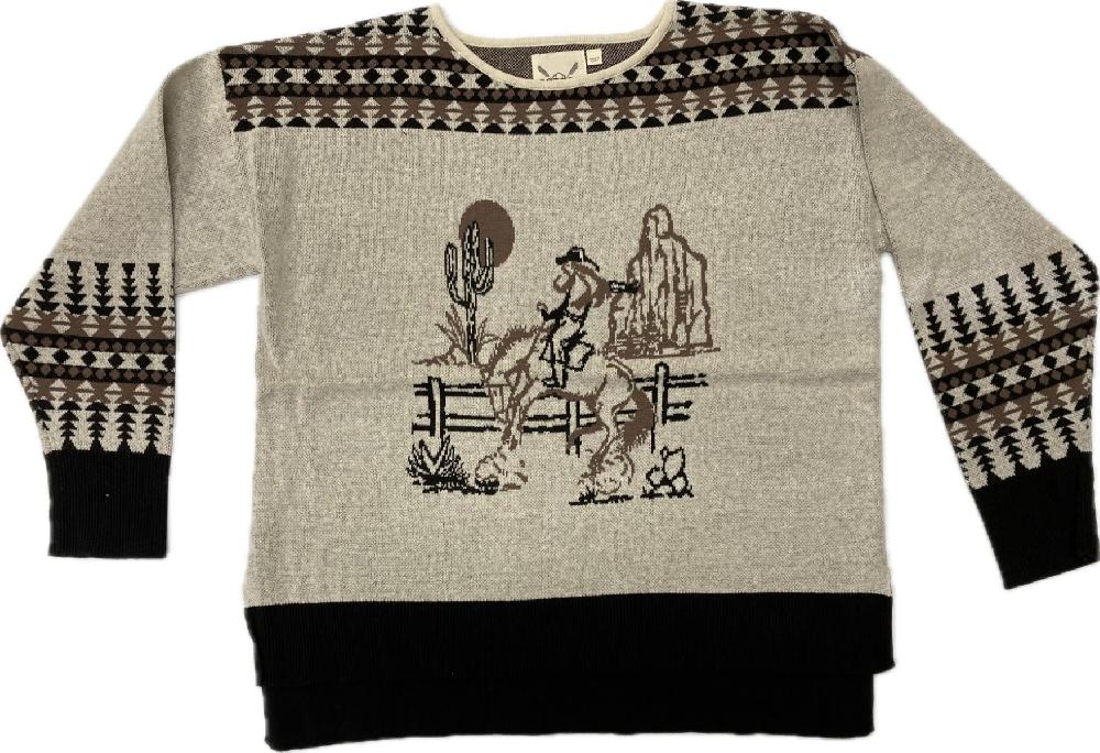 Cotton & Rye Natural Brown Multi Women's Longsleeve Sweater with Vintage Cowgirl Graphic on the Front CRK805X