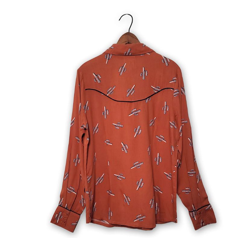 Cotton & Rye Rust With Navy/White Cactus Print Women's Long Sleeve Snap Blouse CRW915K