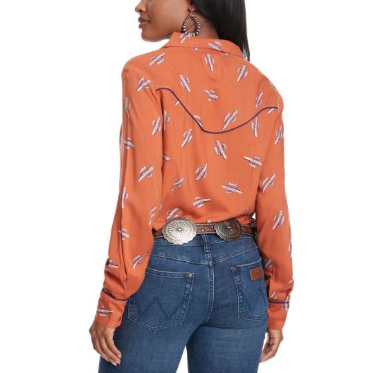 Cotton & Rye Rust With Navy/White Cactus Print Women's Long Sleeve Snap Blouse CRW915K