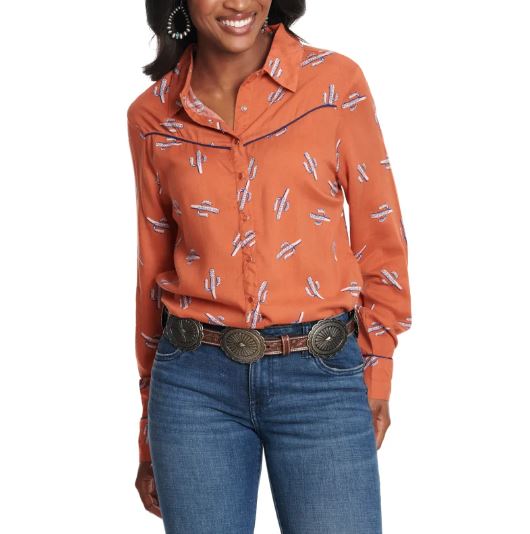Cotton & Rye Rust With Navy/White Cactus Print Women's Long Sleeve Snap Blouse CRW915K