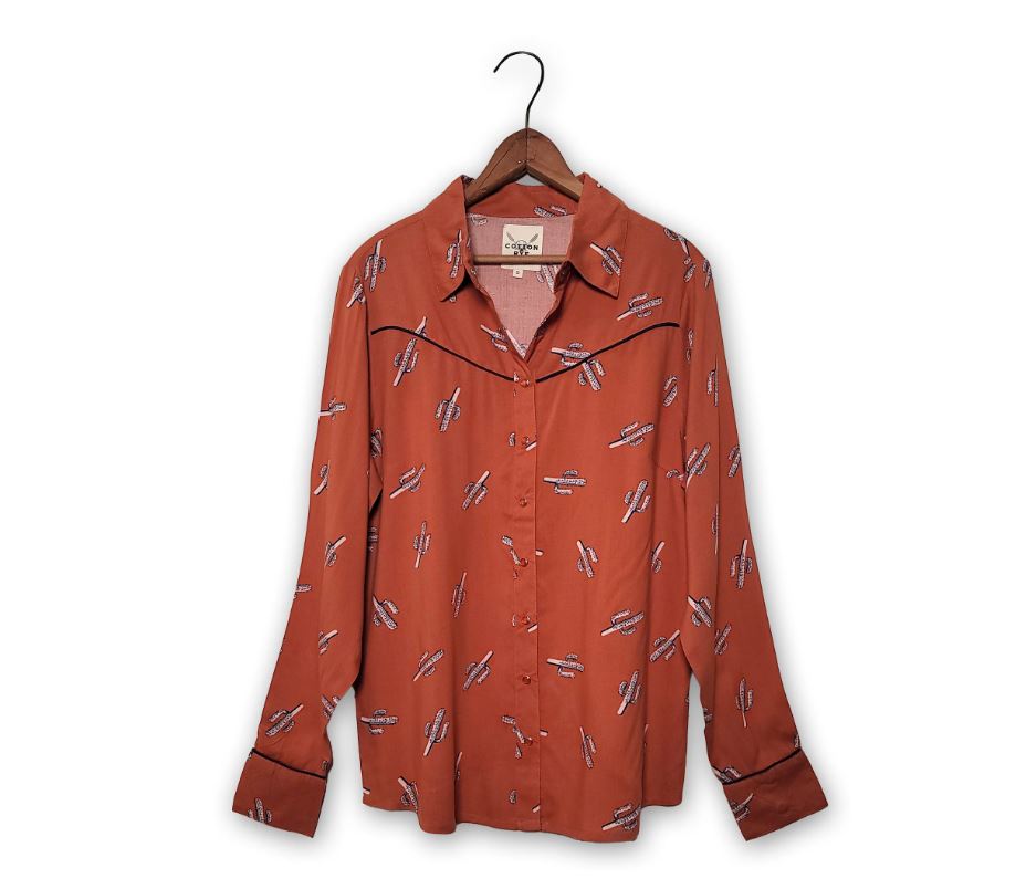 Cotton & Rye Rust with Navy/White Cactus Print Women's Long Sleeve Snap Blouse CRW915K