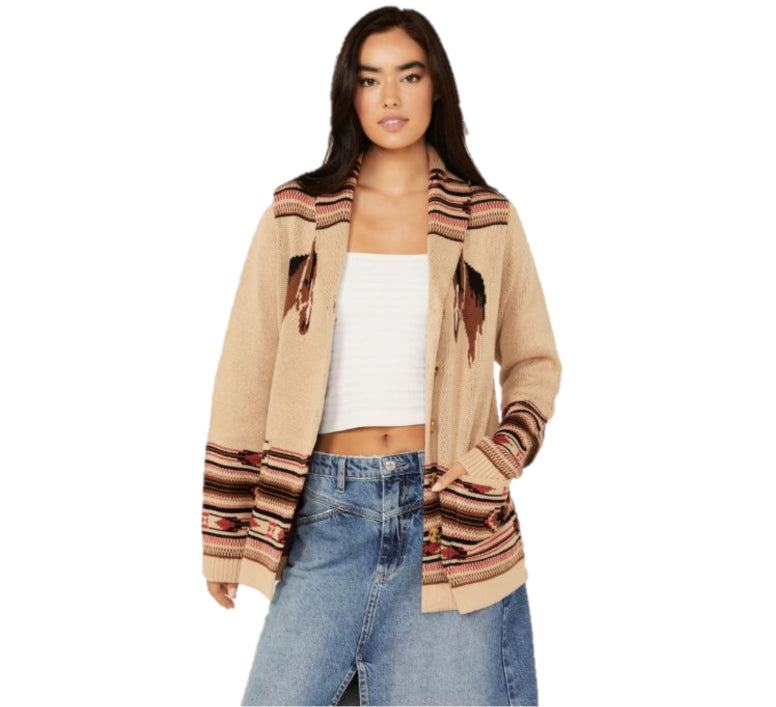 Cotton & Rye Tan Women's Cardigan with Horses on the Back CRK511T