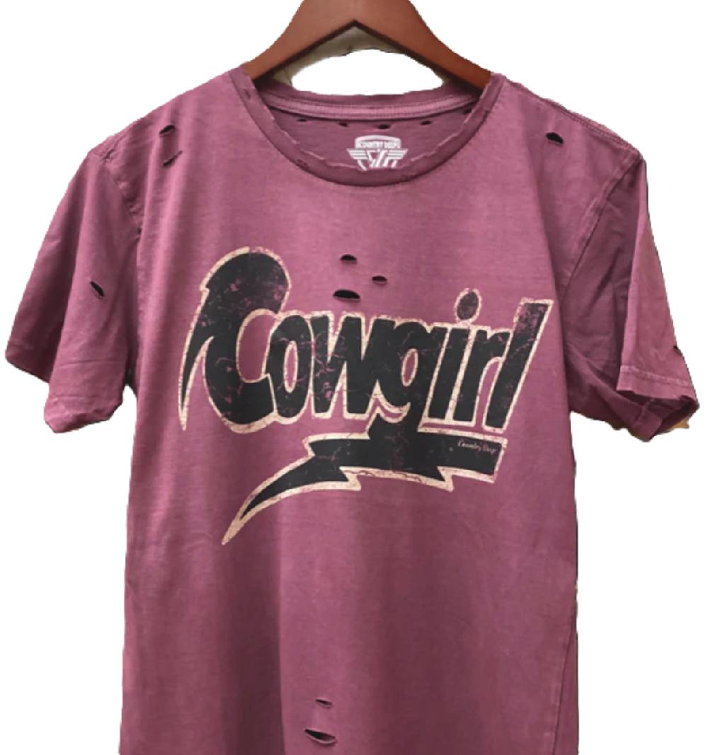 Country Deep Berry Cowgirl Women's Distressed T-Shirt DISTCOWBOWB