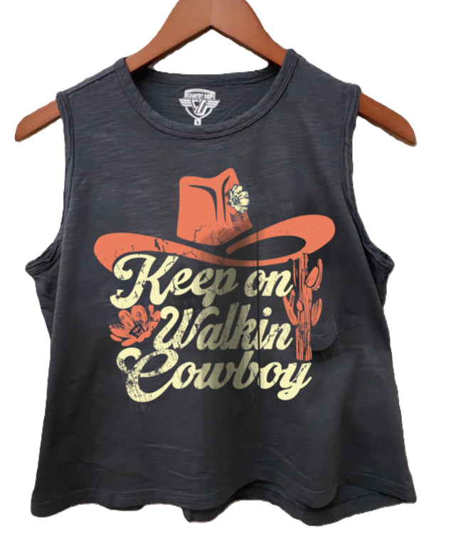 Country Deep Black Keep On Walkin Cowboy Women's Muscle Crop Tank Top CRMUWALBLK