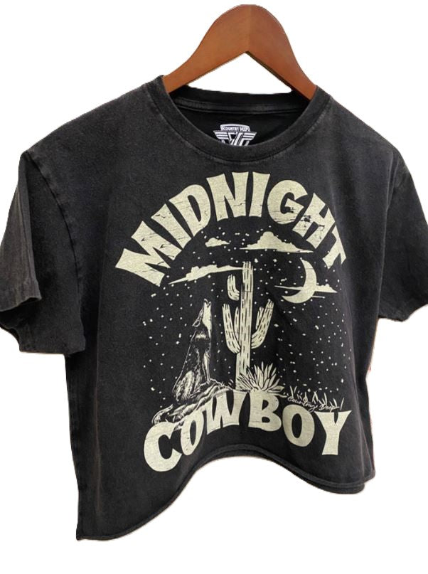 Country Deep Black Midnight Cowboy Relaxed Cropped Acid Wash Women's T-Shirt CROPMIDCOWB