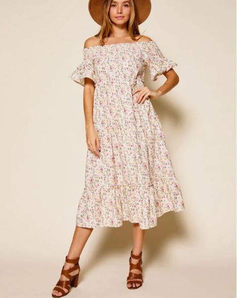Cream Floral Women's Off Shoulder Smock Neck Midi Dress DD-5-E-DI5494PA