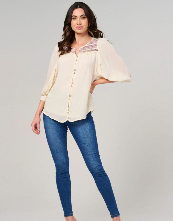 Cream Women's 3/4 Puff Sleeve Button Closure Detailed Blouse PST7212B-CRM