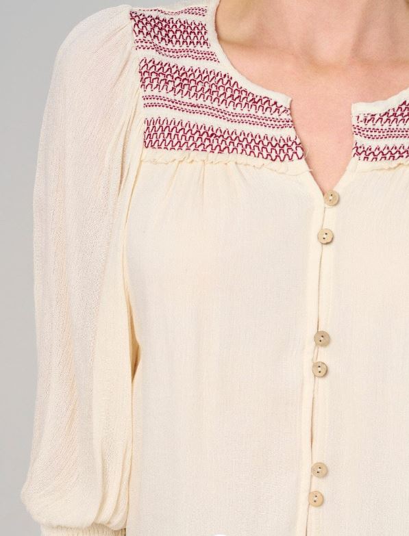 Cream Women's 3/4 Puff Sleeve Button Closure Detailed Blouse PST7212B-CRM