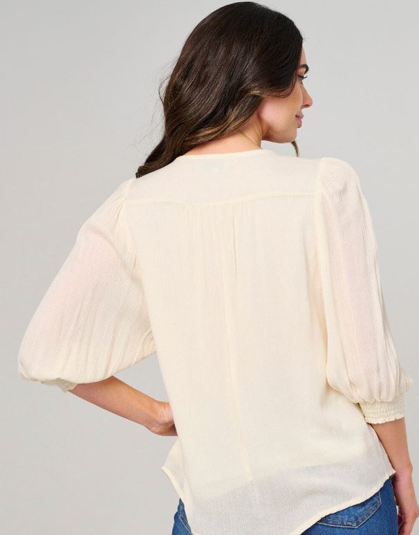 Cream Women's 3/4 Puff Sleeve Button Closure Detailed Blouse PST7212B-CRM