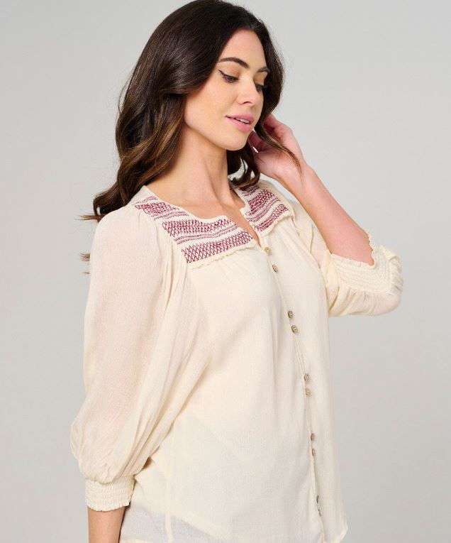 Cream Women's 3/4 Puff Sleeve Button Closure Detailed Blouse PST7212B-CRM