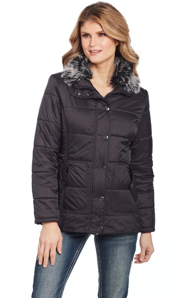 Cripple Creek Black Women's Water Resistant Snap Puffer Coat with Fur Collar CW9816-41