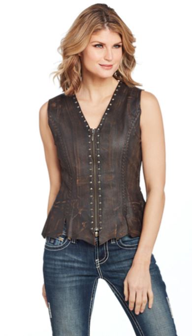 Cripple Creek Cognac Womens Studded Hand Laced Lambskin Leather Vest LL20080