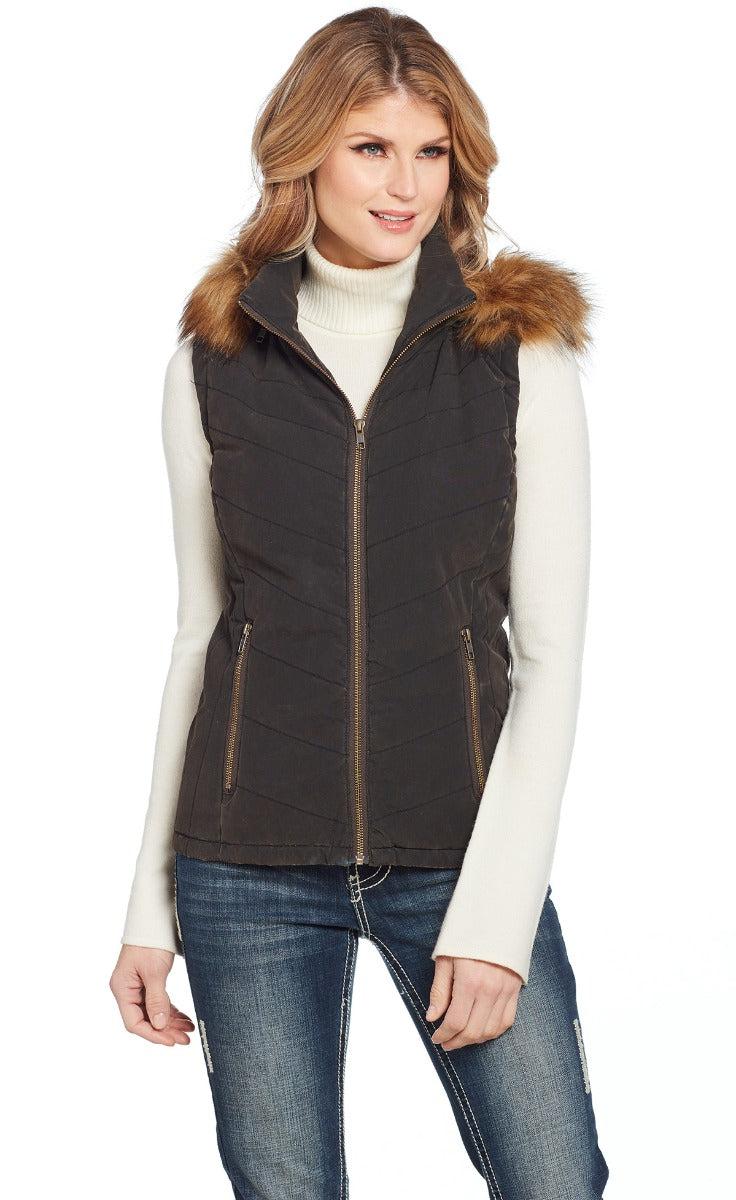 Cripple Creek Dark Brown Women's Quilted Zip Front Vest with Fur Hood CW8221-19