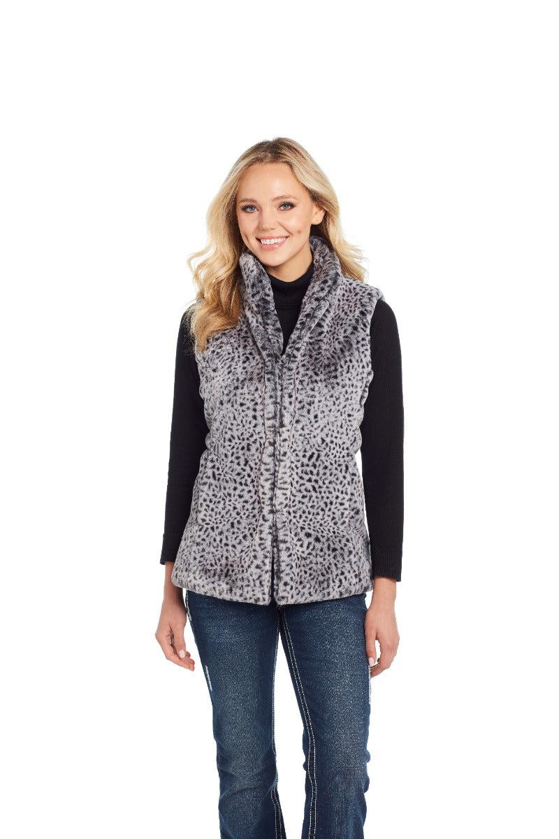 Cripple Creek Grey Leopard Faux Fur Vest CR14642
