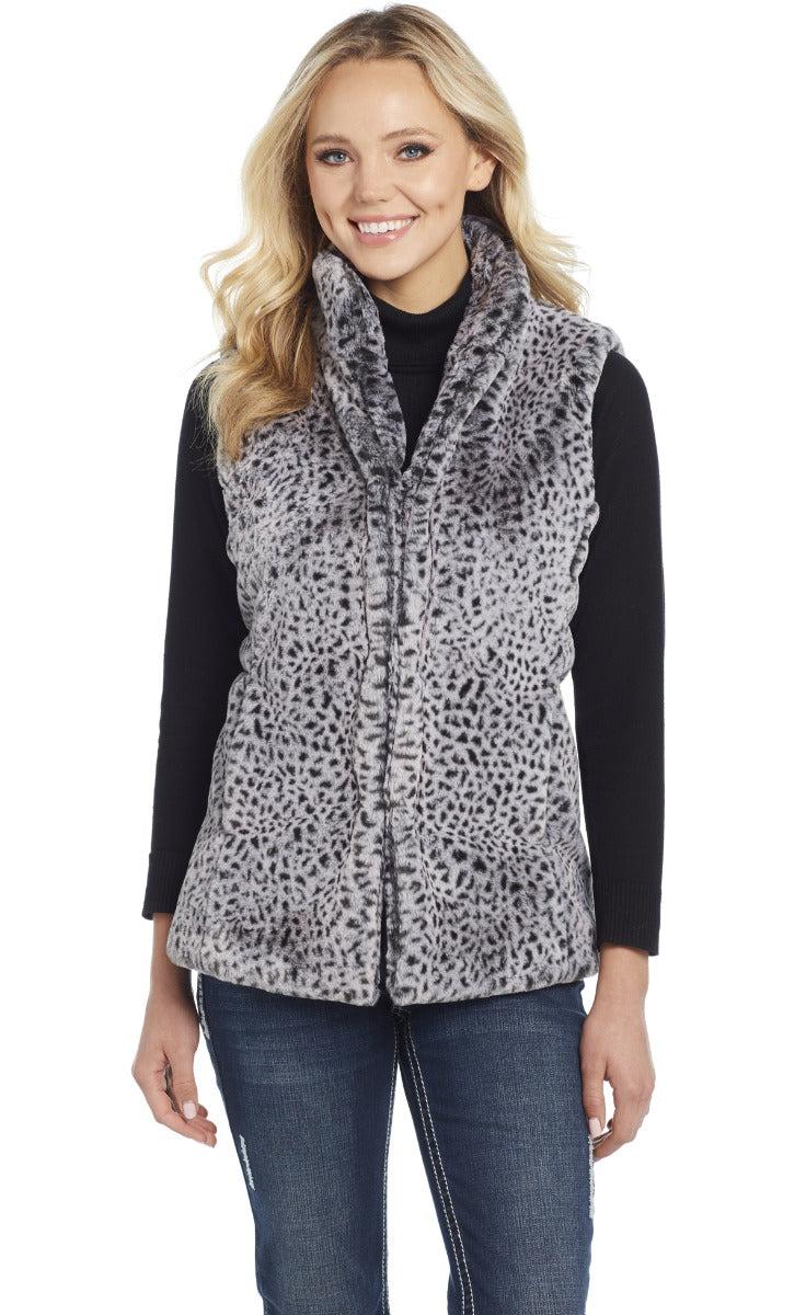 Cripple Creek Grey Leopard Faux Fur Vest CR14642