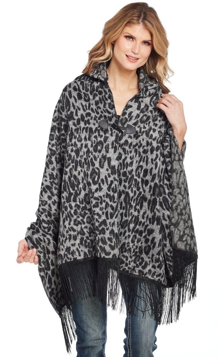 Cripple Creek Grey Leopard Women's Open Front Hooded Poncho CR15449-93