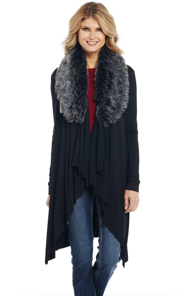 Cripple Creek Women's Knit Wrap Open Front Fur Collar Jacket CR13615-41