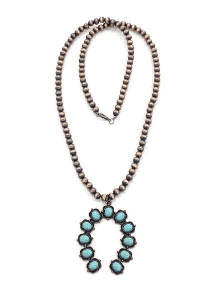 Crooked Fence Bronze Look Bead Necklace with Horseshoe Shape Pendant with Turquoise Stones NKY211026-01