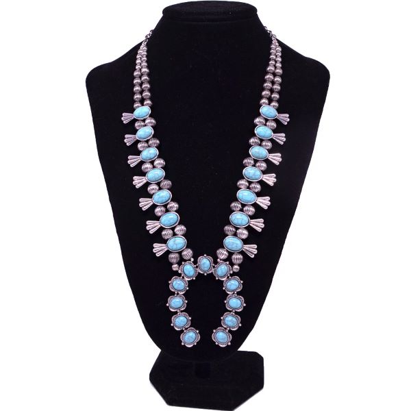 Crooked Fence Silver Plating Squash Blossom Necklace with Blue Turquoise Stones NKY180525-02TUR