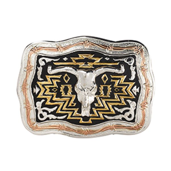 Crumrine Black and Gold Longhorn Skull Motif Rectangle Men's Buckle C10015
