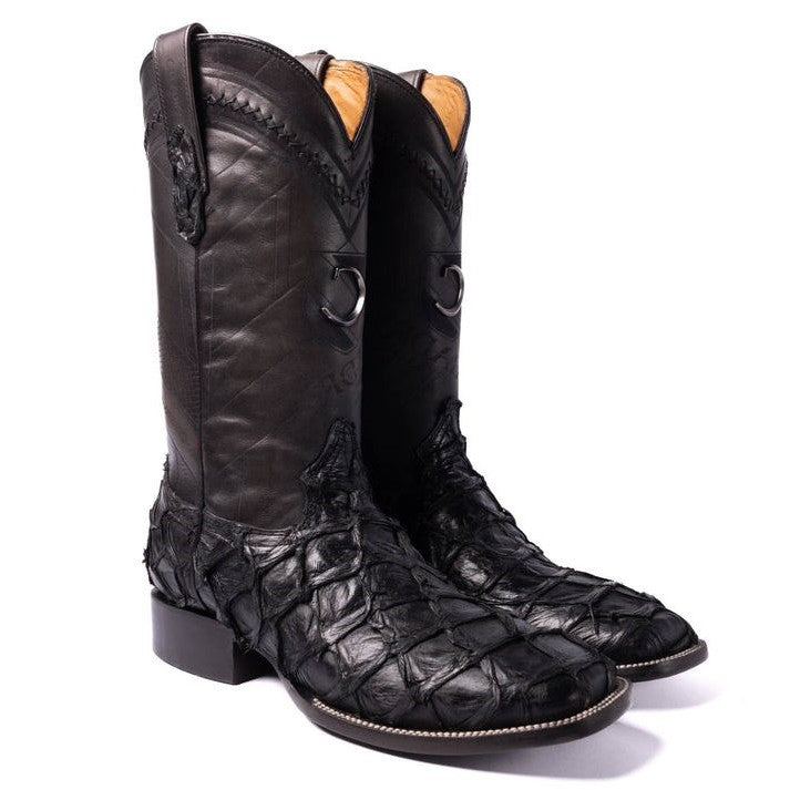 Cuadra Black Piraraucu Glazed Fish Laser and Woven Square Toe Men's Western Boots CU787