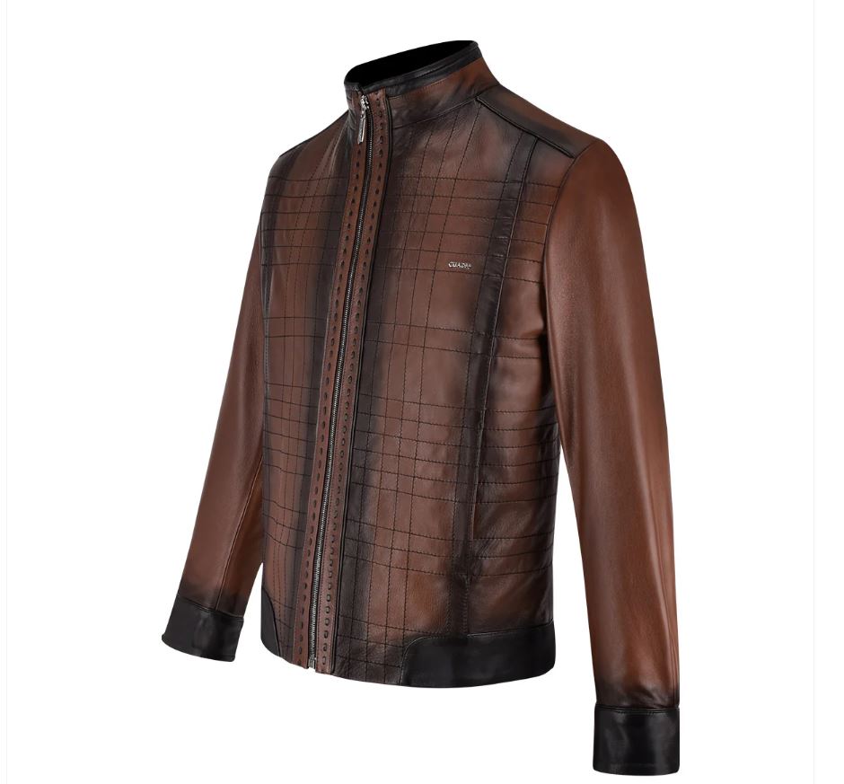 Cuadra Brown Mandarin Collar Men's Sheepskin Leather Jacket JC160