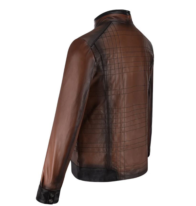 Cuadra Brown Mandarin Collar Men's Sheepskin Leather Jacket JC160