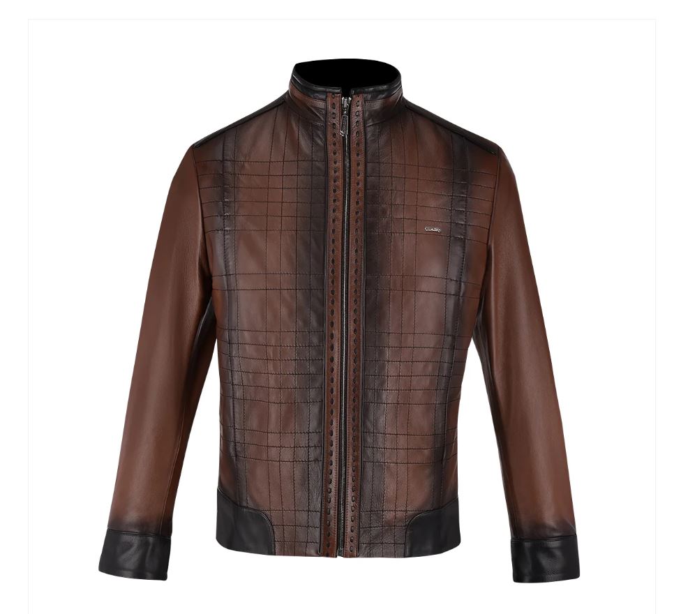 Cuadra Brown Mandarin Collar Men's Sheepskin Leather Jacket JC160