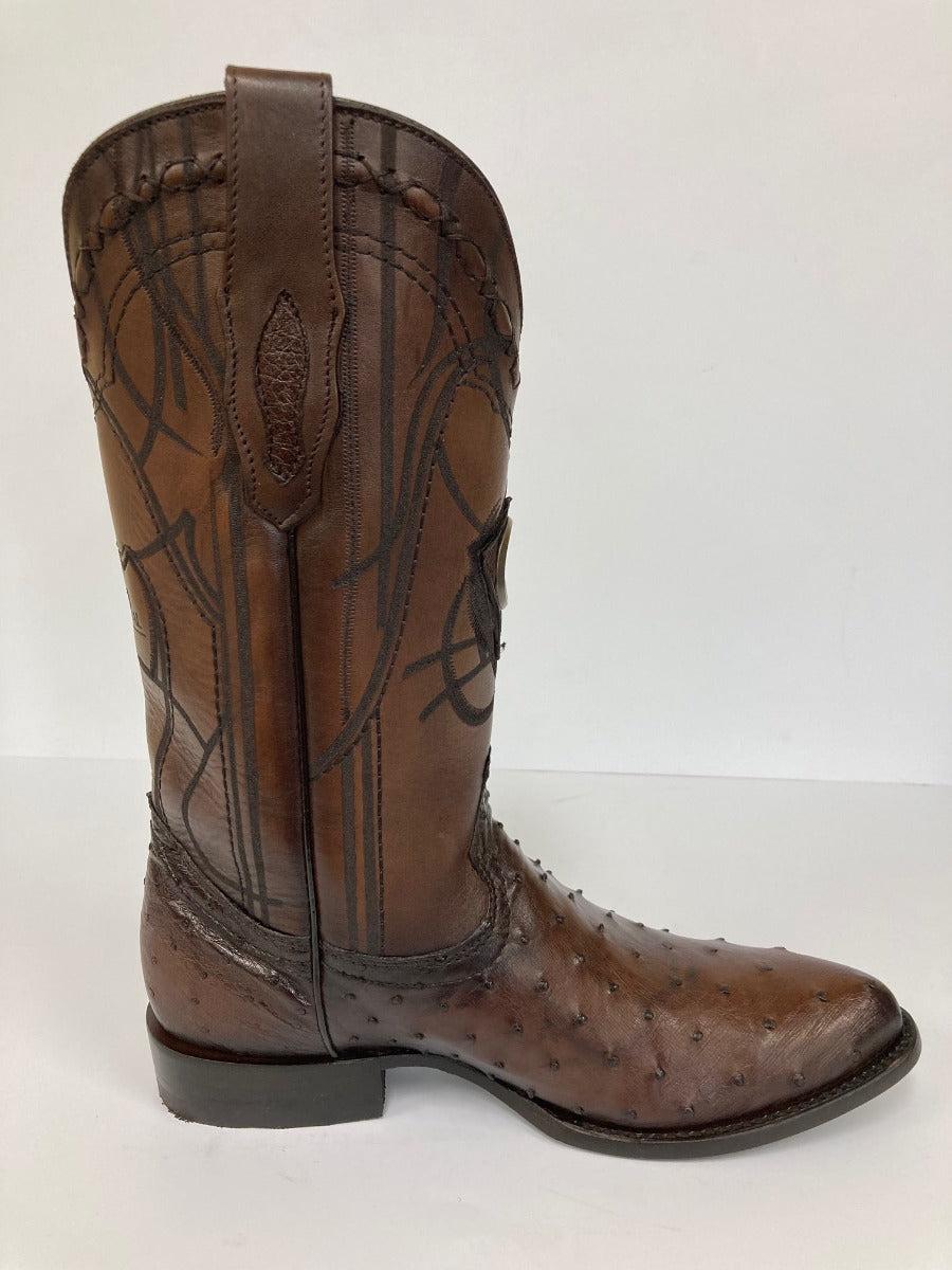 Cuadra Brown Ostrich Laser & Embroidery Round Toe Men's Boots CU681