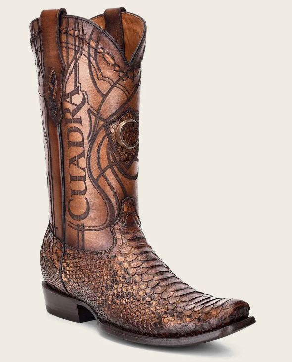 Cuadra Engraved Honey Genuine Python Leather Mens Western Boots CU401