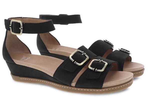 Dansko Astrid Black Milled Nubuck Womens Low Wedge Sandals 1532-470300