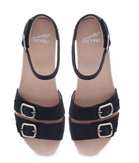 Dansko Astrid Black Milled Nubuck Womens Low Wedge Sandals 1532-470300